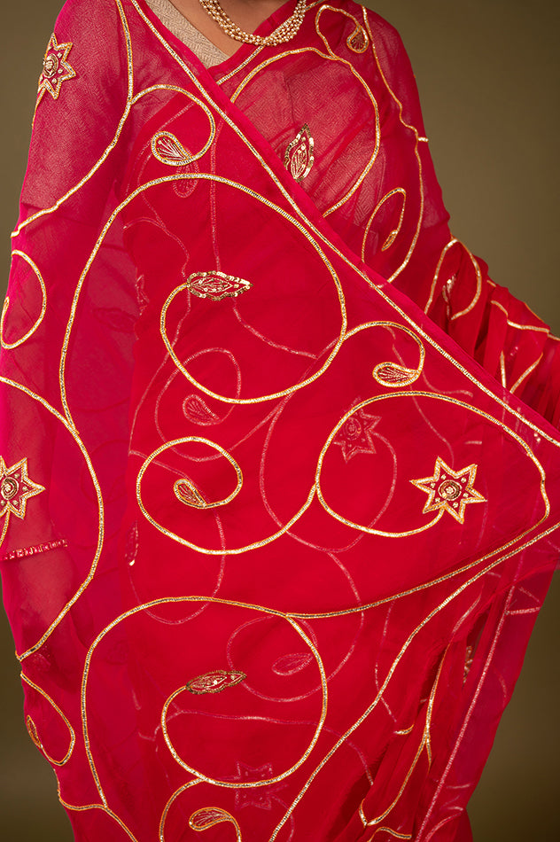 Red pure chiffon sikhiya gota patti jaal handwork saree