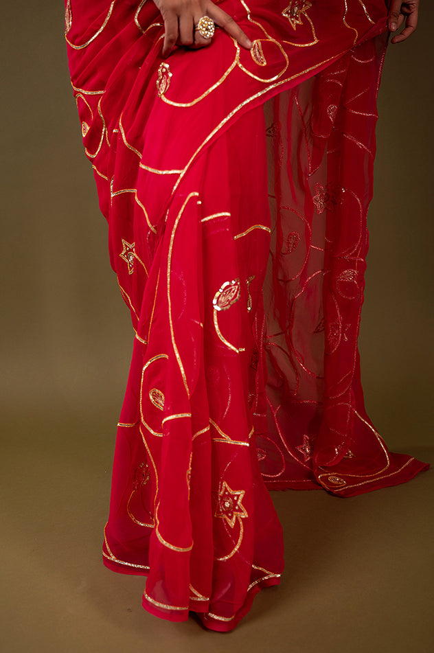 Red pure chiffon sikhiya gota patti jaal handwork saree
