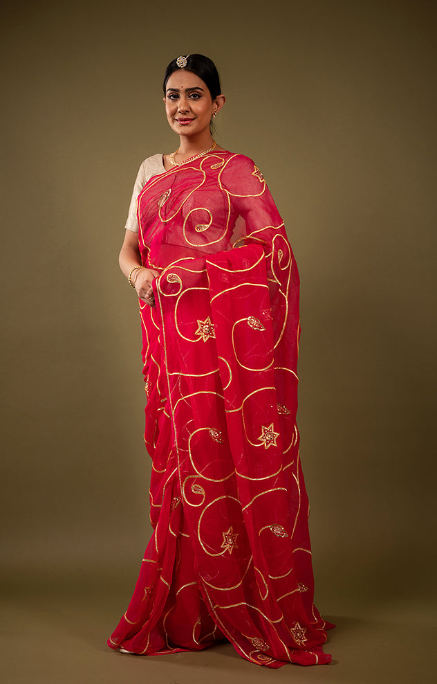 Red viscose chiffon sikhiya gota jaal handwork saree