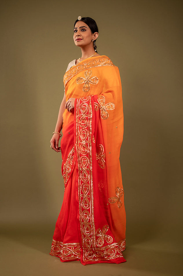 Orange light dark pure chiffon sikhiya gota border butti handwork saree