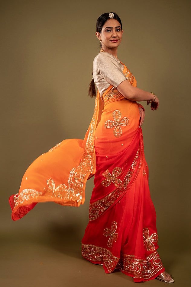Orange light dark pure chiffon sikhiya gota border butti handwork saree