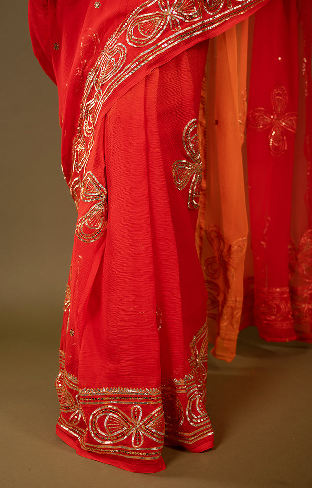 Orange light dark pure chiffon sikhiya gota border butti handwork saree