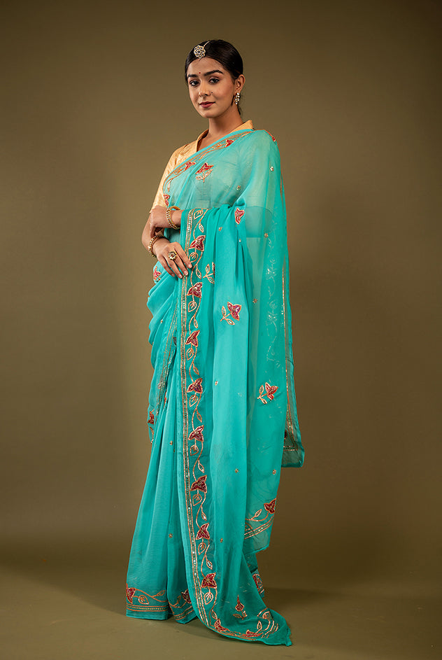 Sky blue viscose chiffon sikhiya gota pech handwork saree