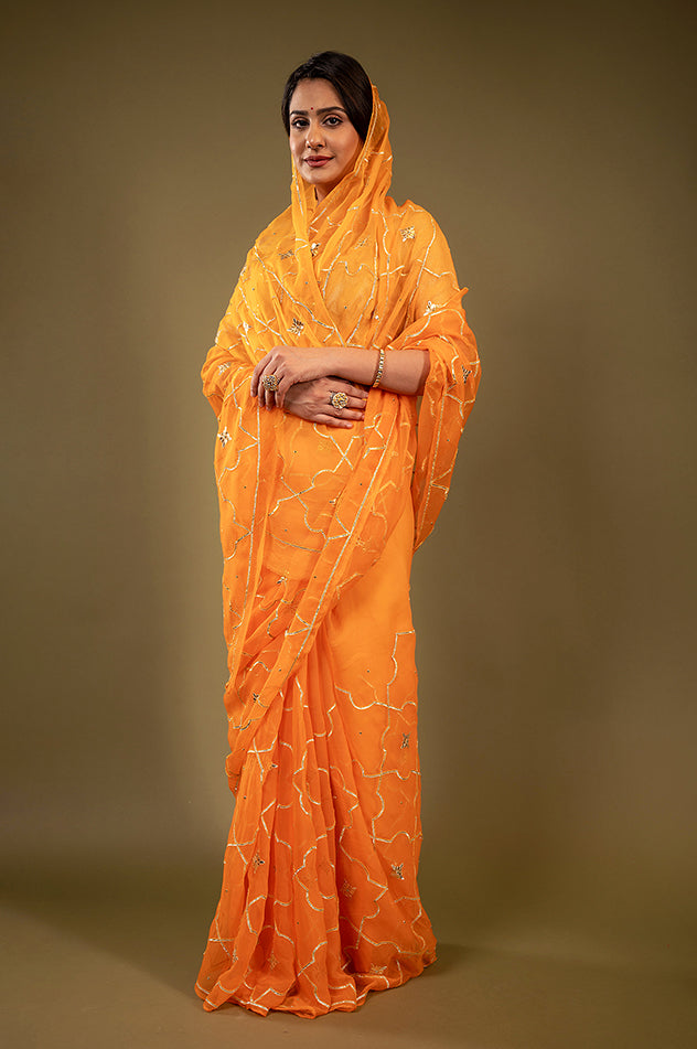 peach viscose chiffon gota patti jaal handwork saree