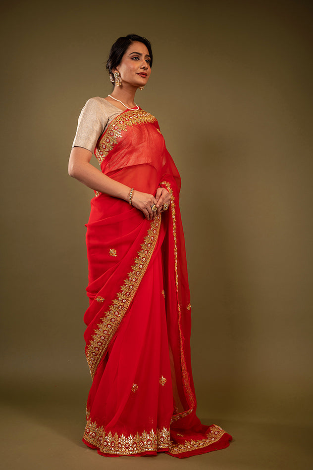 red viscose chiffon gota patti border butti handwork saree