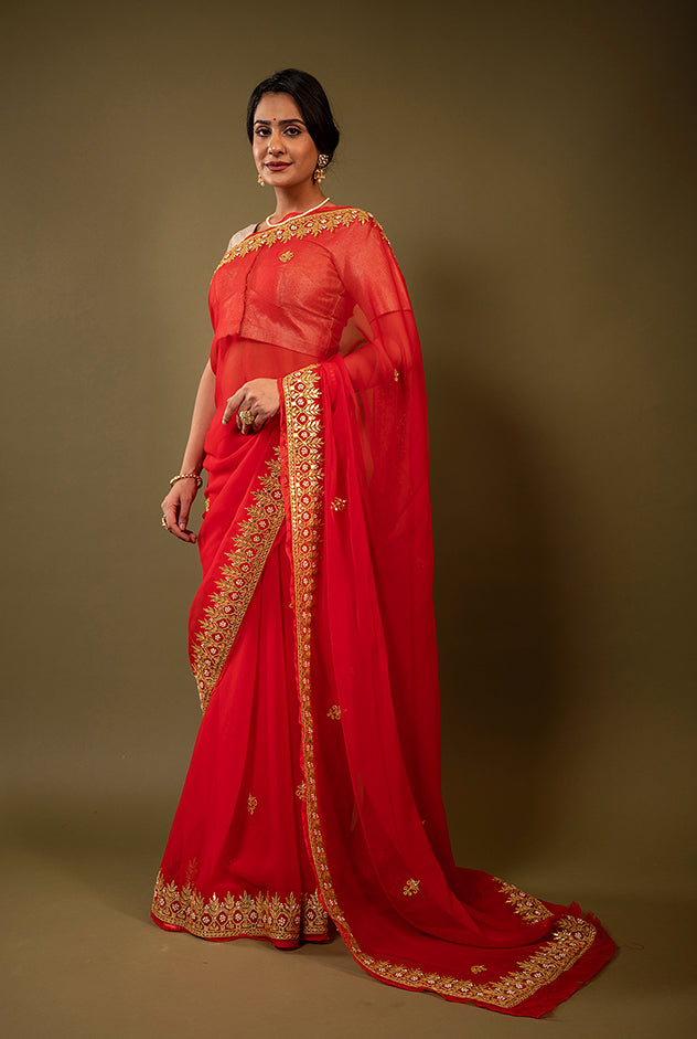 red viscose chiffon gota patti border butti handwork saree