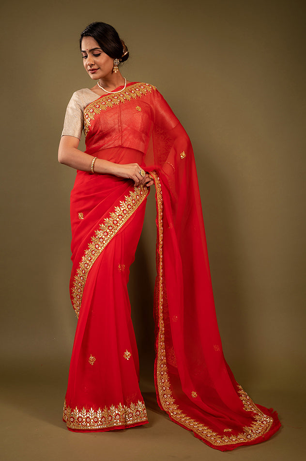 red viscose chiffon gota patti border butti handwork saree