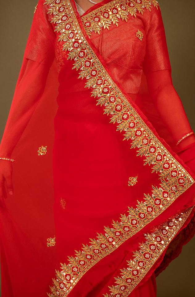 red viscose chiffon gota patti border butti handwork saree