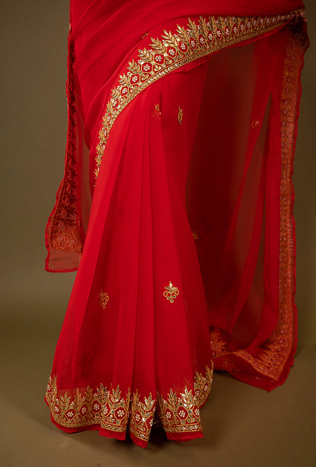 red viscose chiffon gota patti border butti handwork saree