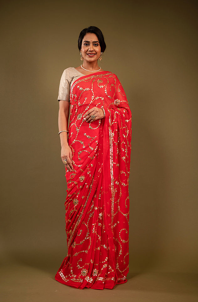 red pure chiffon gota patti jaal handwork saree