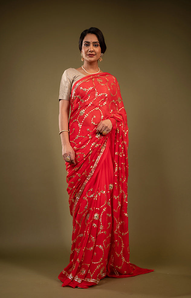 red pure chiffon gota patti jaal handwork saree
