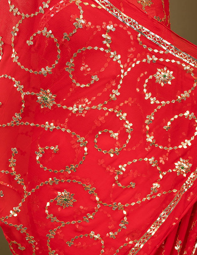 red pure chiffon gota patti jaal handwork saree