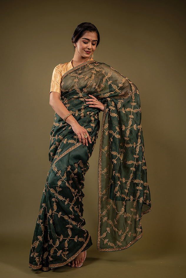 green organza zardozi jaal handwork saree