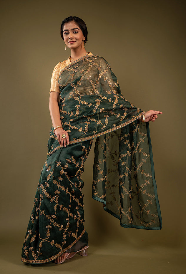 green organza zardozi jaal handwork saree