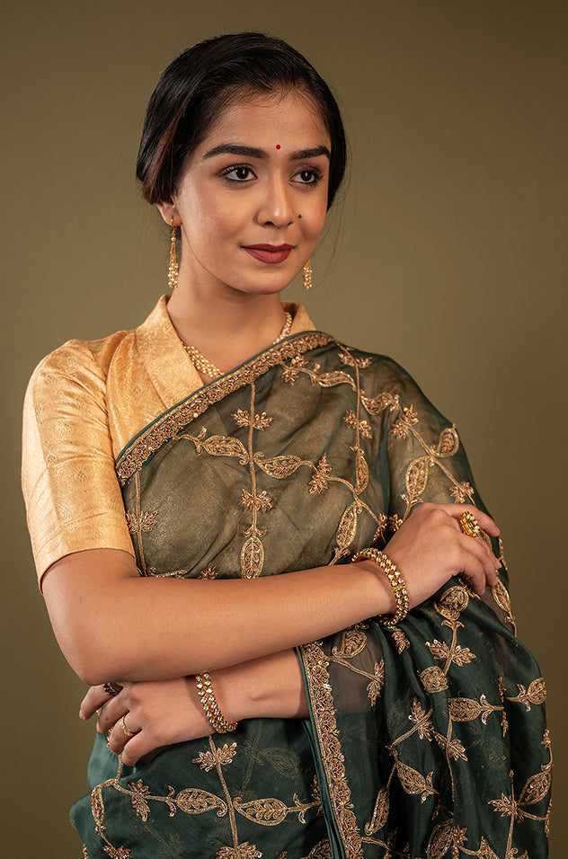 green organza zardozi jaal handwork saree