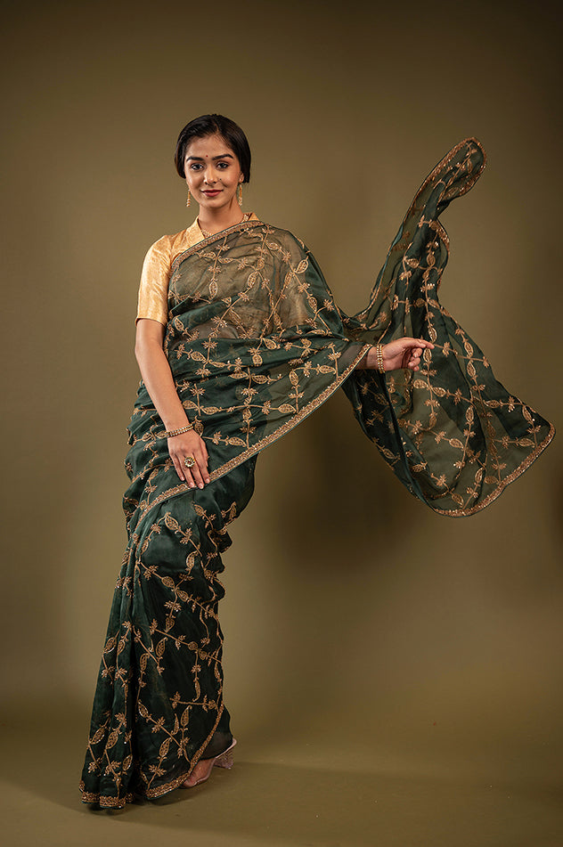 green organza zardozi jaal handwork saree