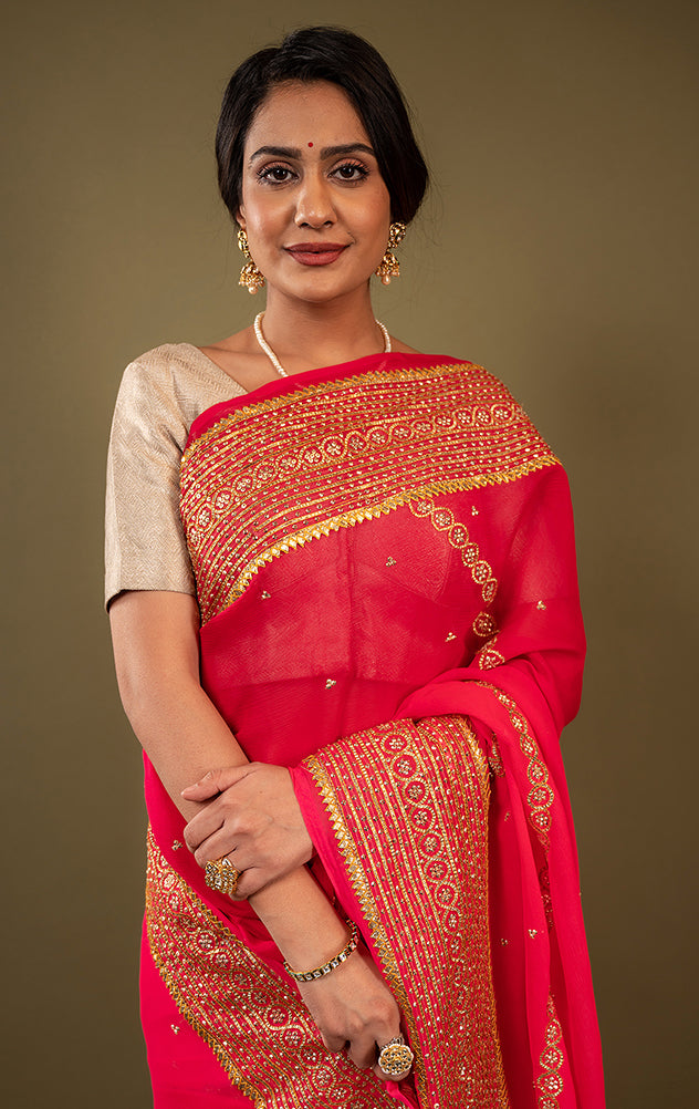 Gajri pure chiffon sikhiya gota border butti handwork saree