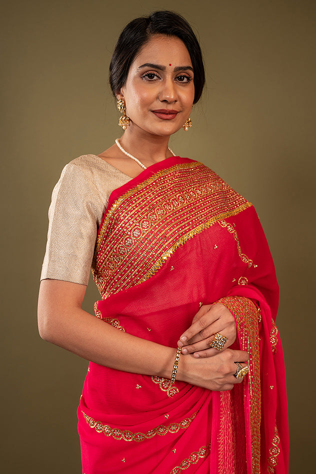 Gajri pure chiffon sikhiya gota border butti handwork saree