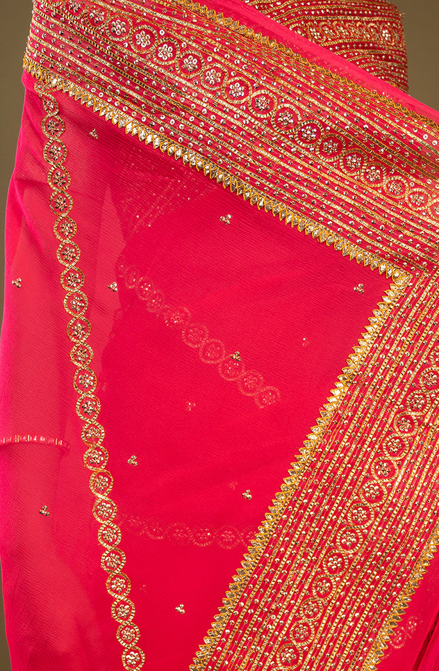 Gajri pure chiffon sikhiya gota border butti handwork saree