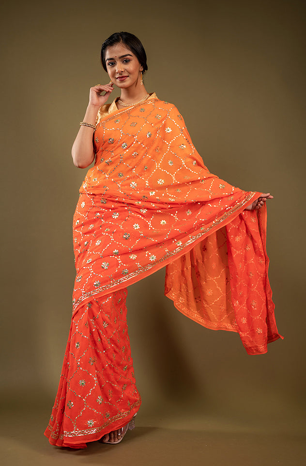 Orange light dark pure chiffon gota patti jaal handwork saree