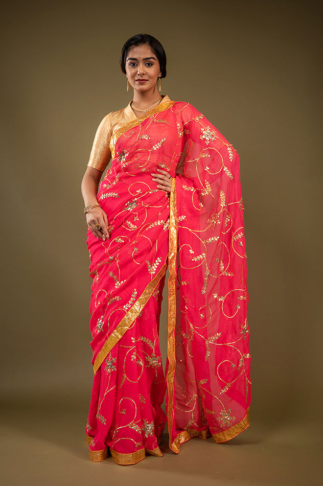 Gajri Pure Chiffon laffi border sikhiya modi pati jaal handwork saree