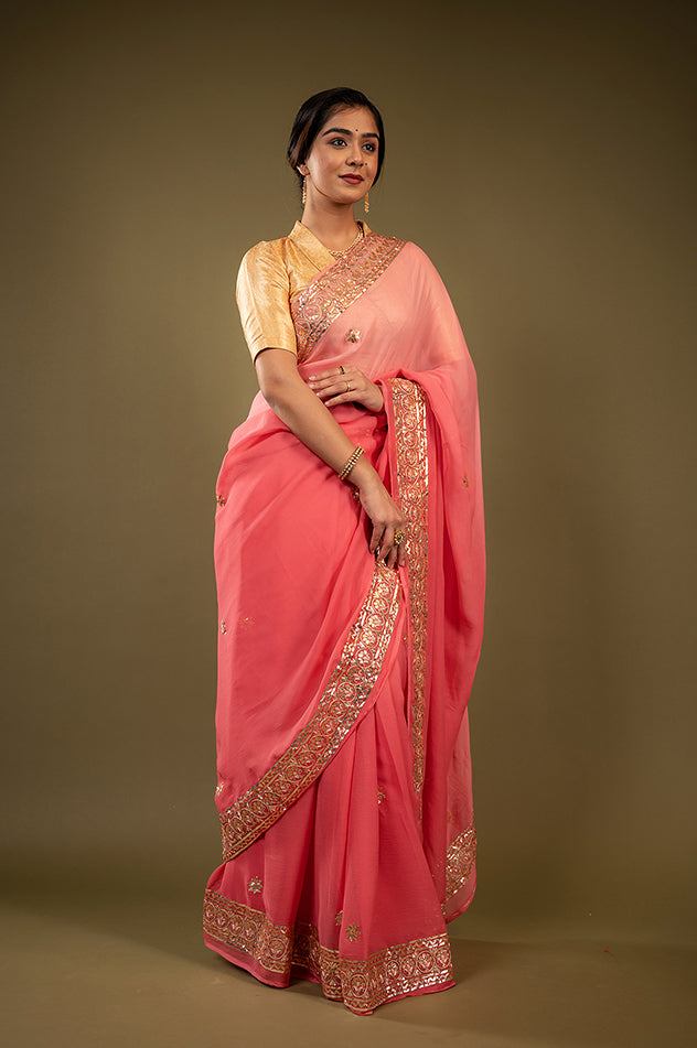 Gajri Light dark pure chiffon Gota patti handwork saree