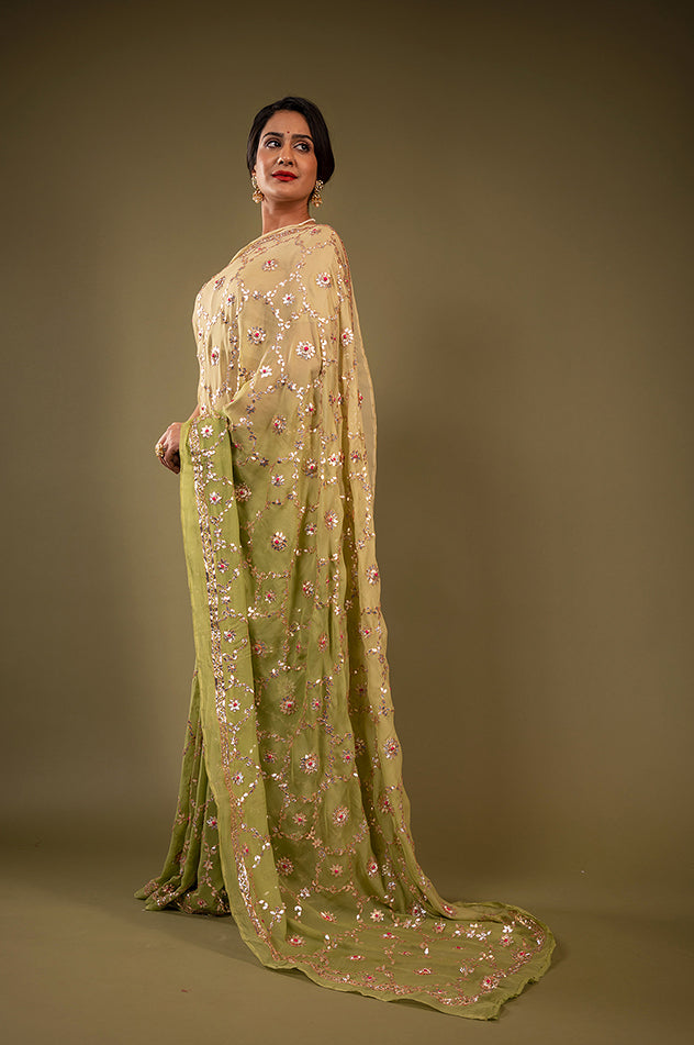 Pista Green pure chiffon gota patti jaal handwork saree