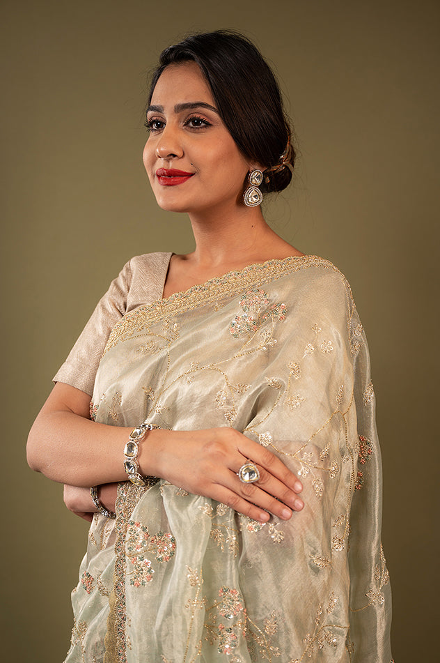 mint Tissue organza aari tari zardozi handwork saree