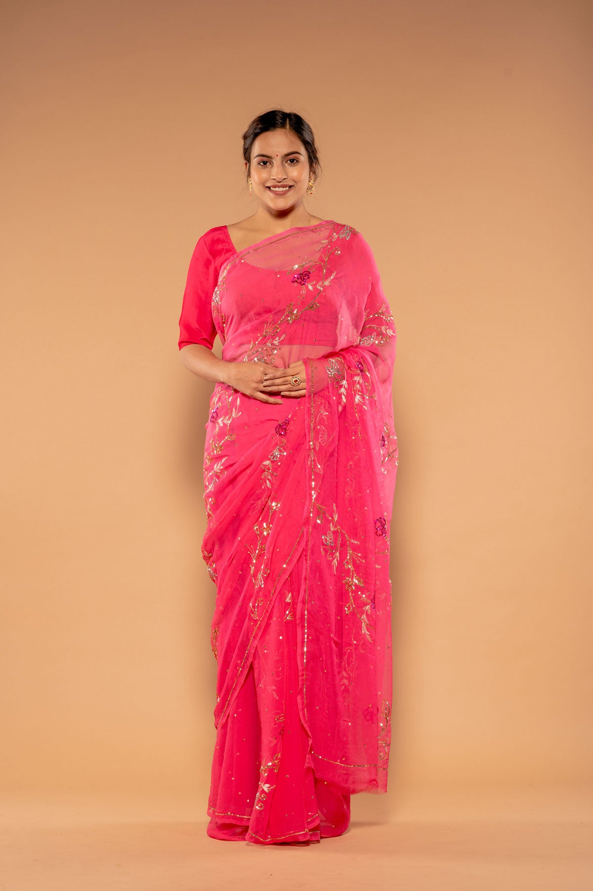 Pink Viscose Chiffon Sequnce chadi butti Handwork Saree