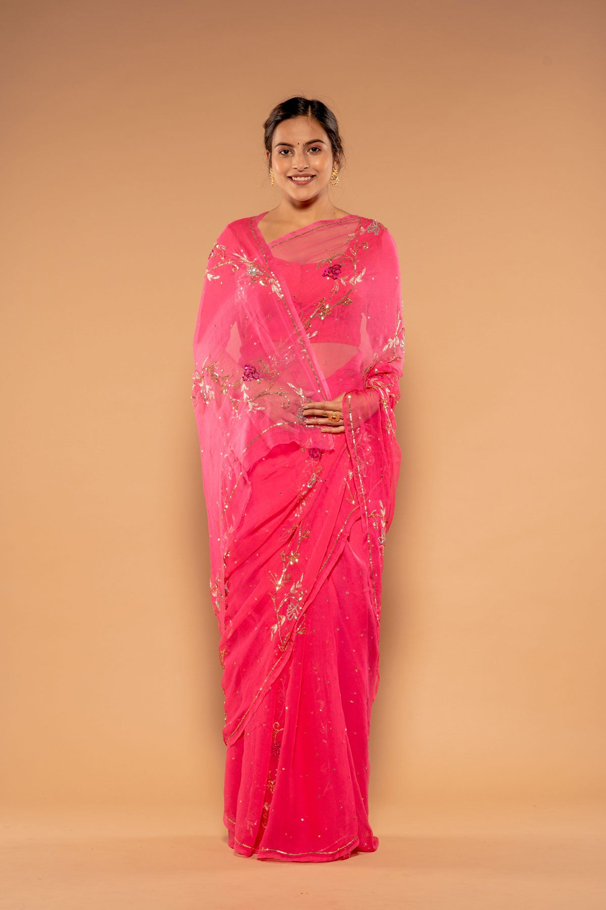 Pink Viscose Chiffon Sequnce chadi butti Handwork Saree