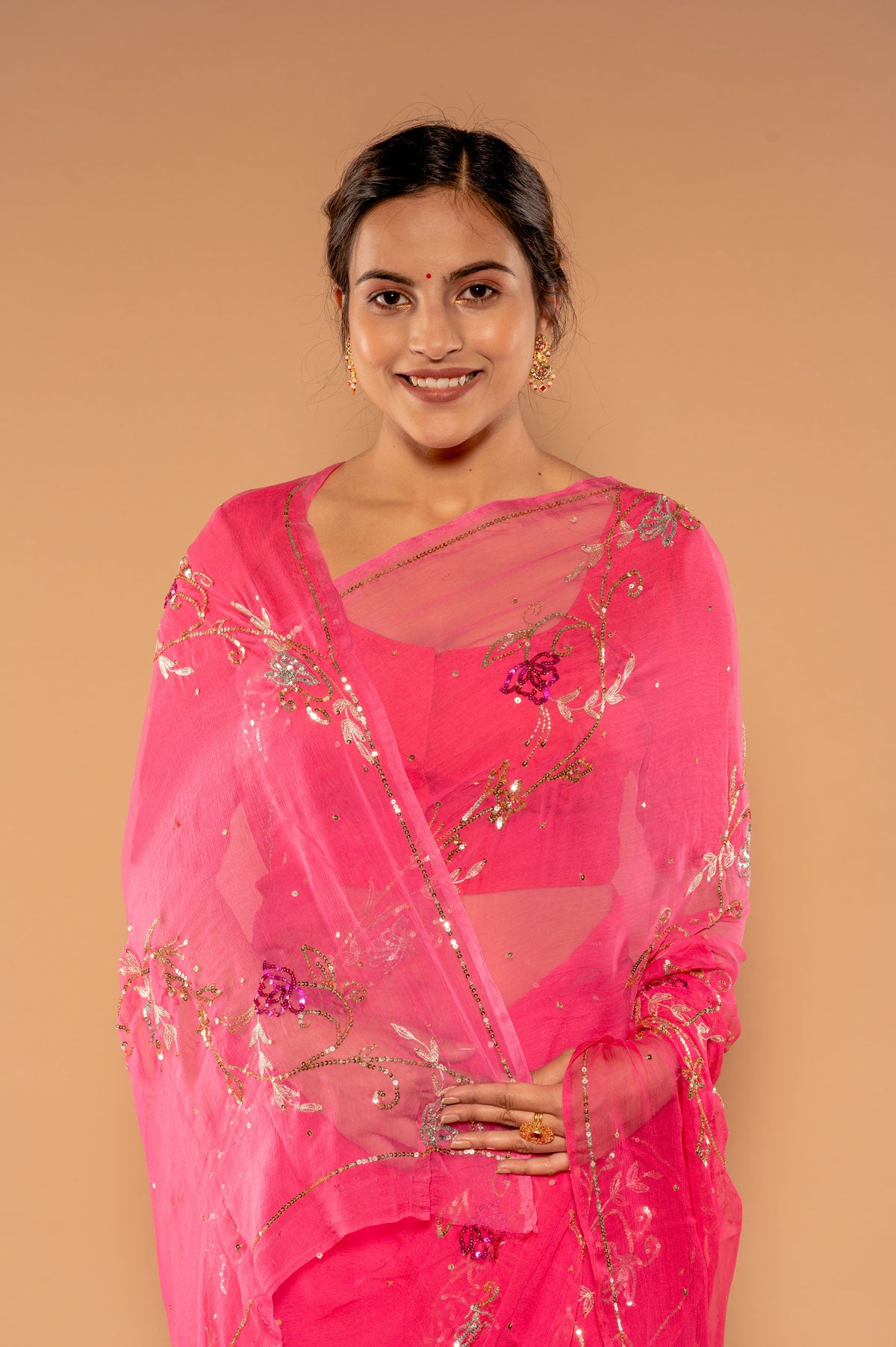Pink Viscose Chiffon Sequnce chadi butti Handwork Saree