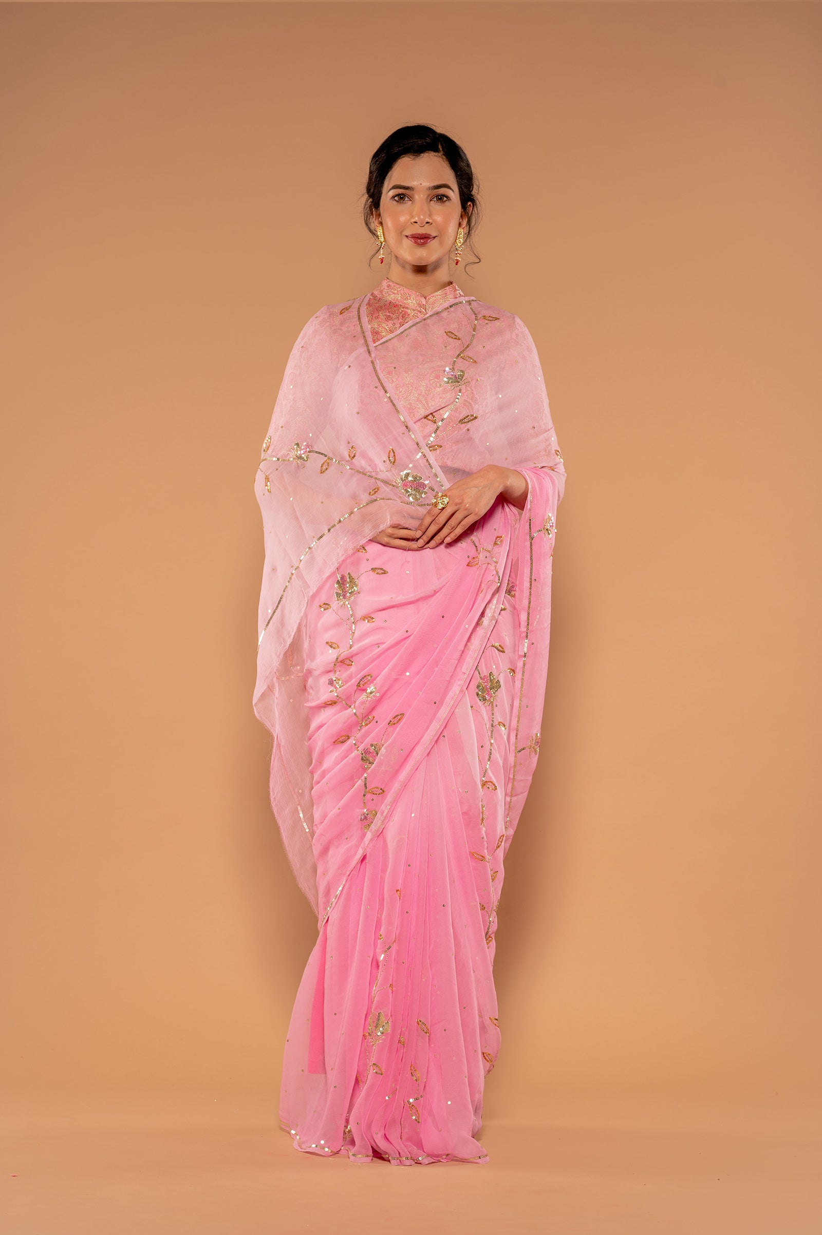 Pink light dark viscose chiffon aari sequins handwork saree