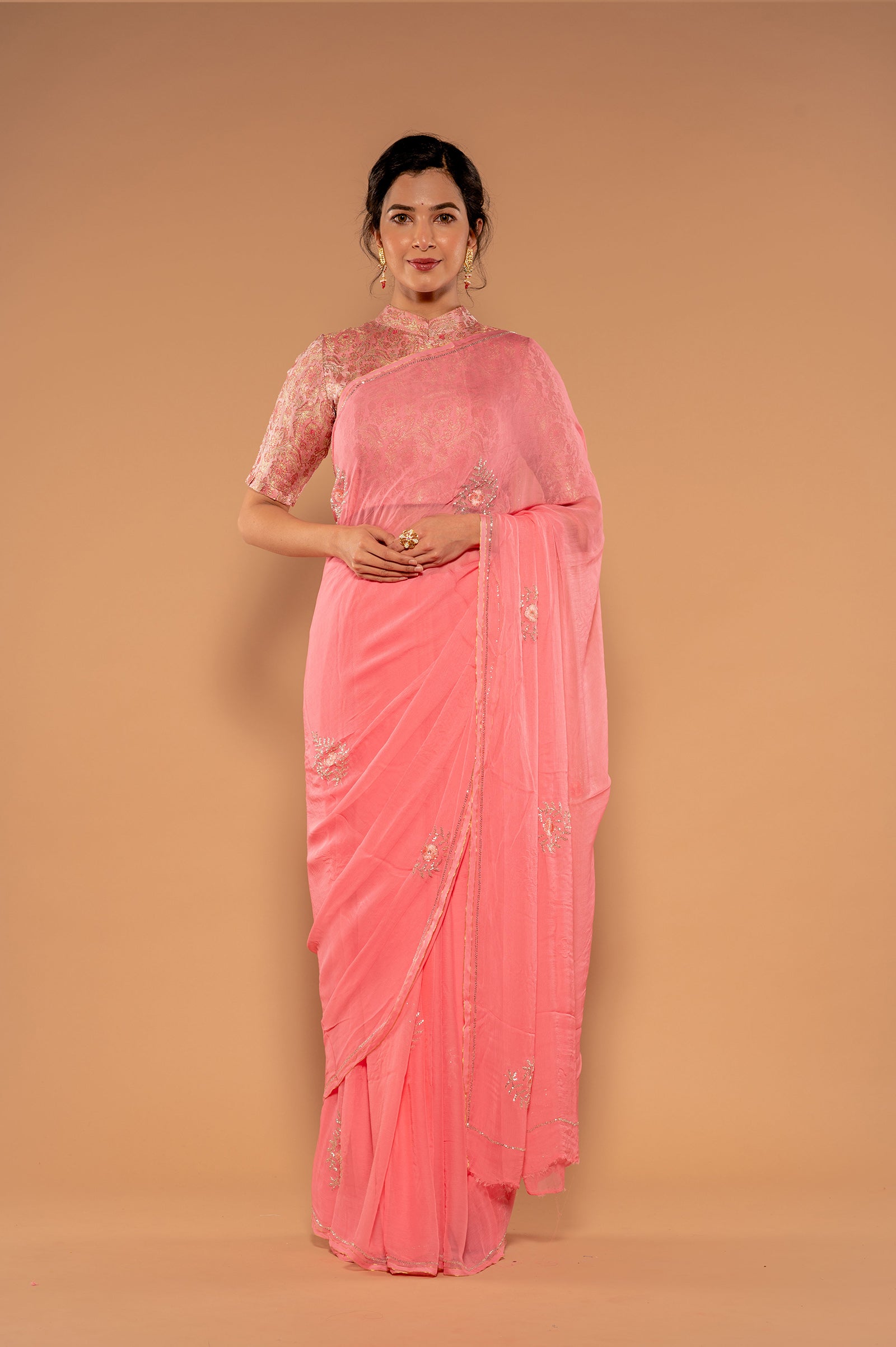 Peach Pink Viscose Chiffon Kardana Resham Motif Handwork Saree
