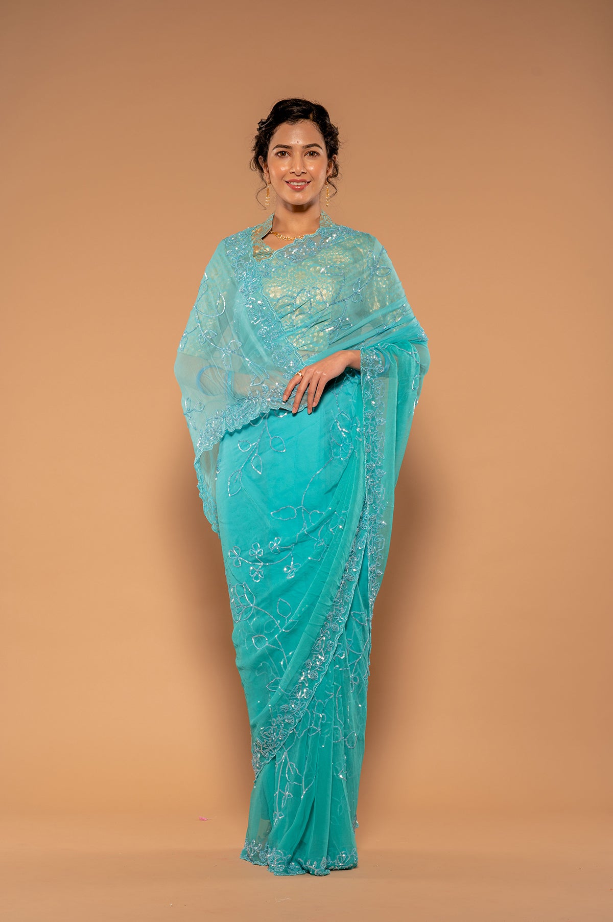 Sea Green Viscose Chiffon Siquins Jaal Handwork Party wear Saree