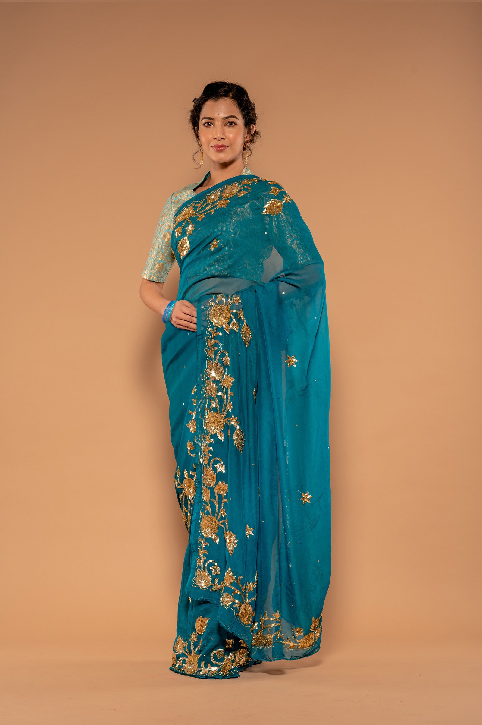 Rama Pure Chiffon Sequins Handwork Saree