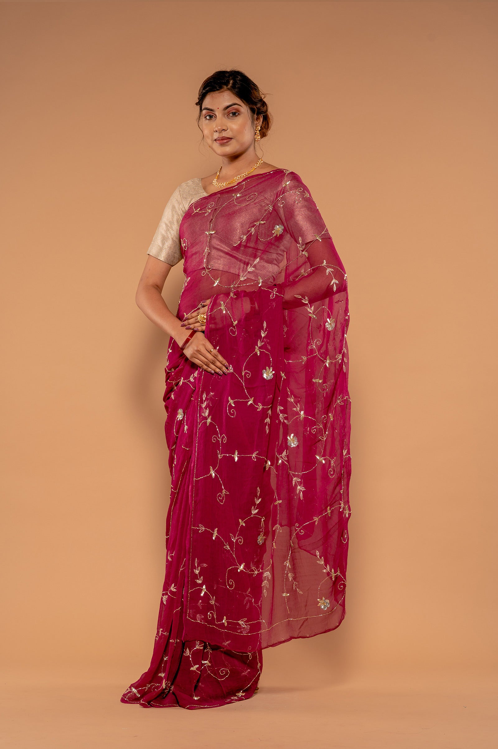 Wine Viscose Chiffon Aari sequins Jaal Handwork Saree
