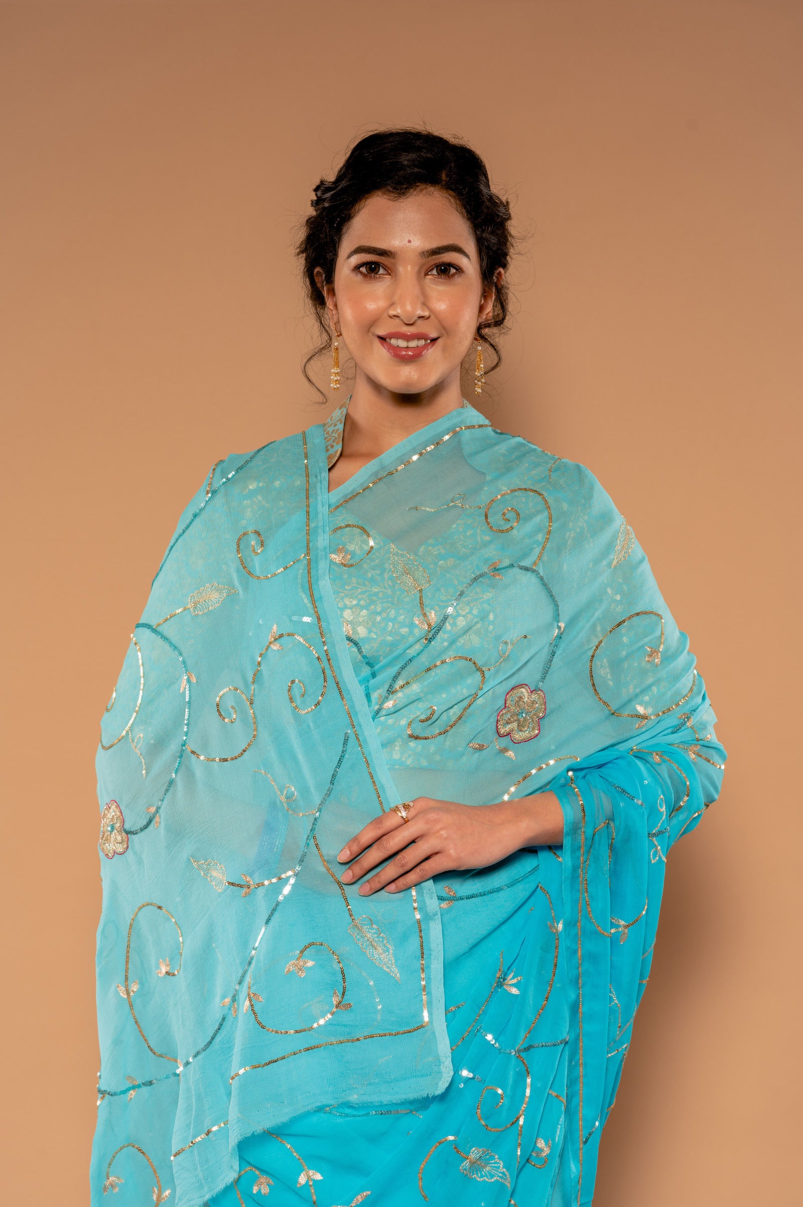 Sky Blue Viscose Chiffon Aari Sequnece jaal Handwork Saree