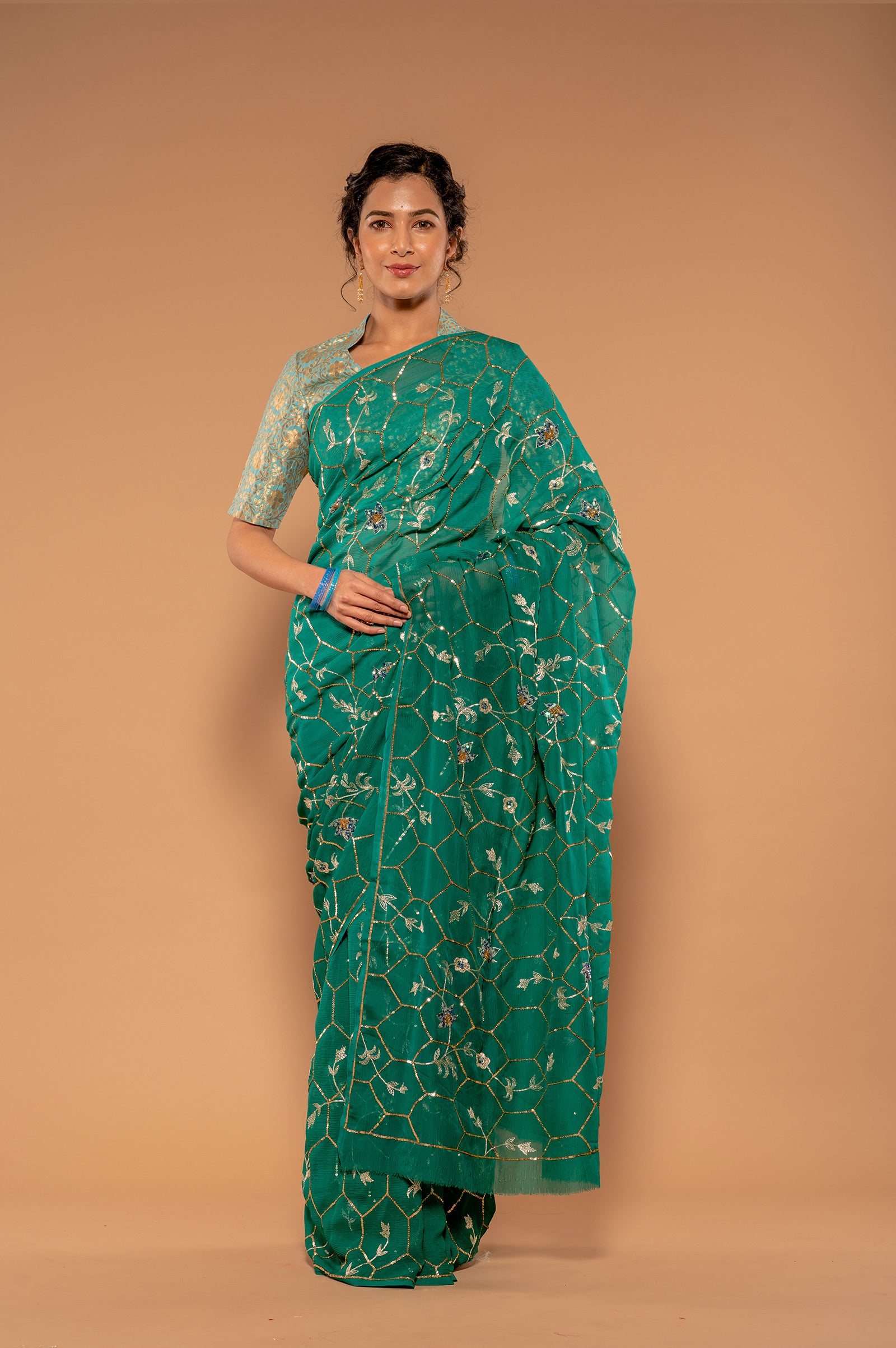 rama green Pure Chiffon aari sequins jaal handwork Saree