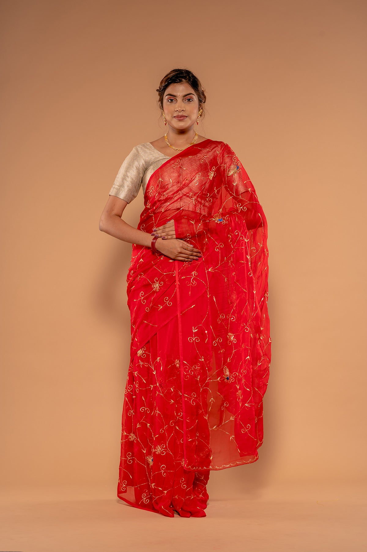 Red Viscose Chiffon aari sequins jaal Handwork Saree