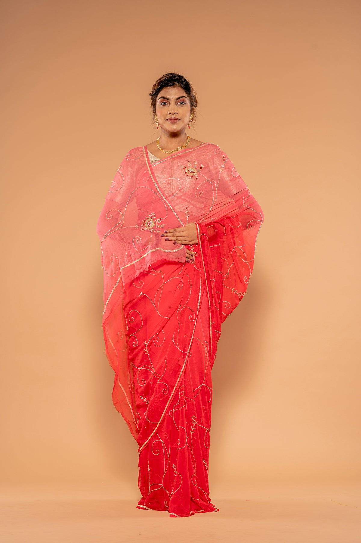 Gajri Shaded Viscose Chiffon Kardana jaal Handwork Saree