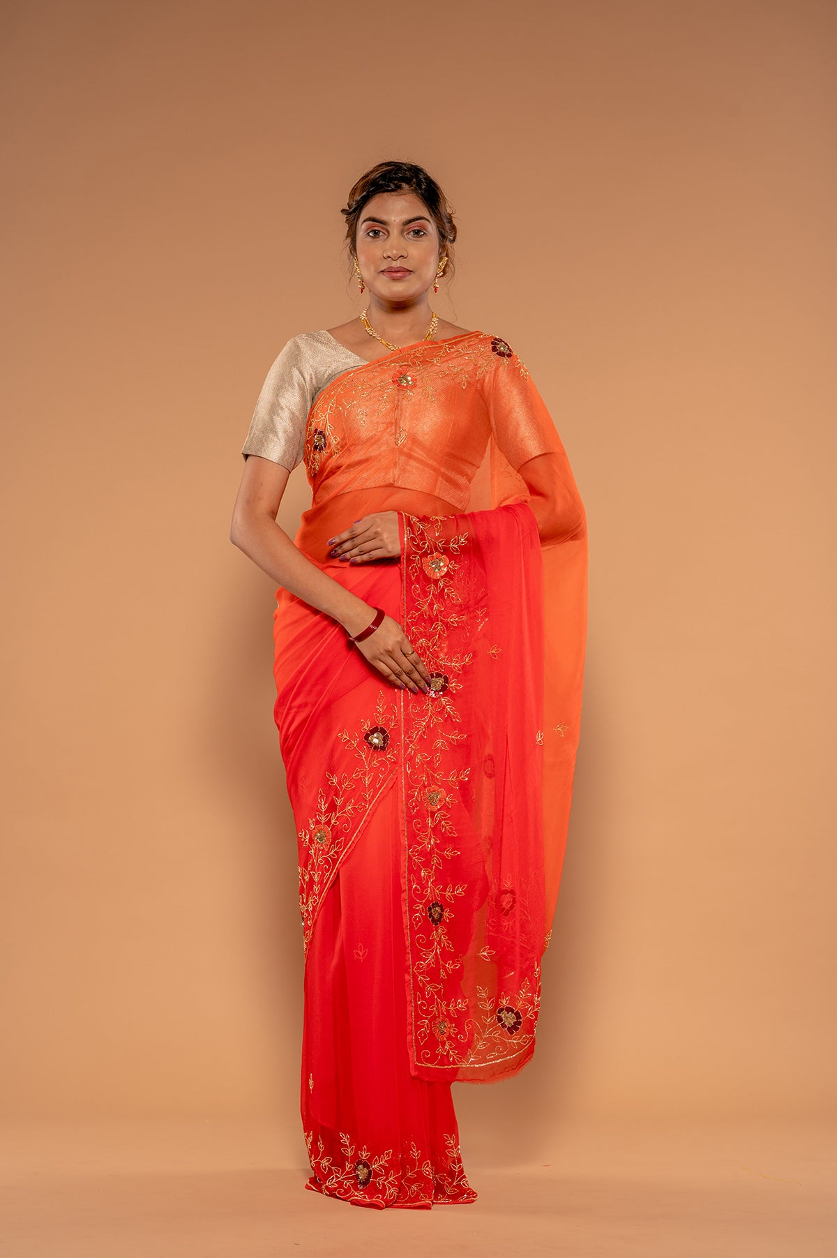 Orange Gajri Viscose Chiffon Kardana sequins Handwork Saree