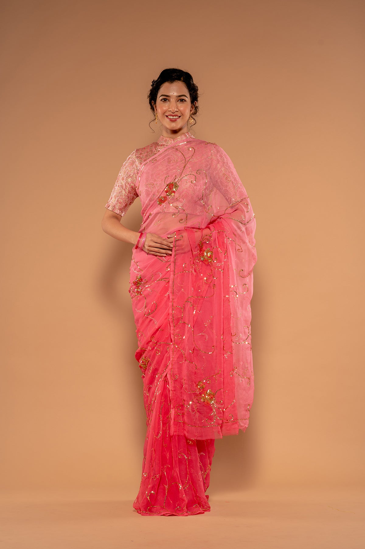 Gajpri Pink Viscose Chiffon Sequnce Jaal with Motif Handwork Saree