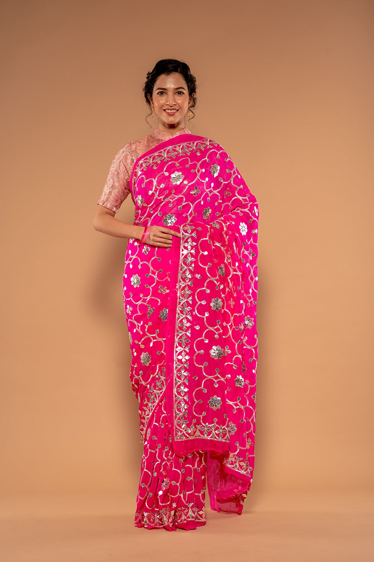 Neon Pink Pure Chiffon Gota patti work Handwork Saree