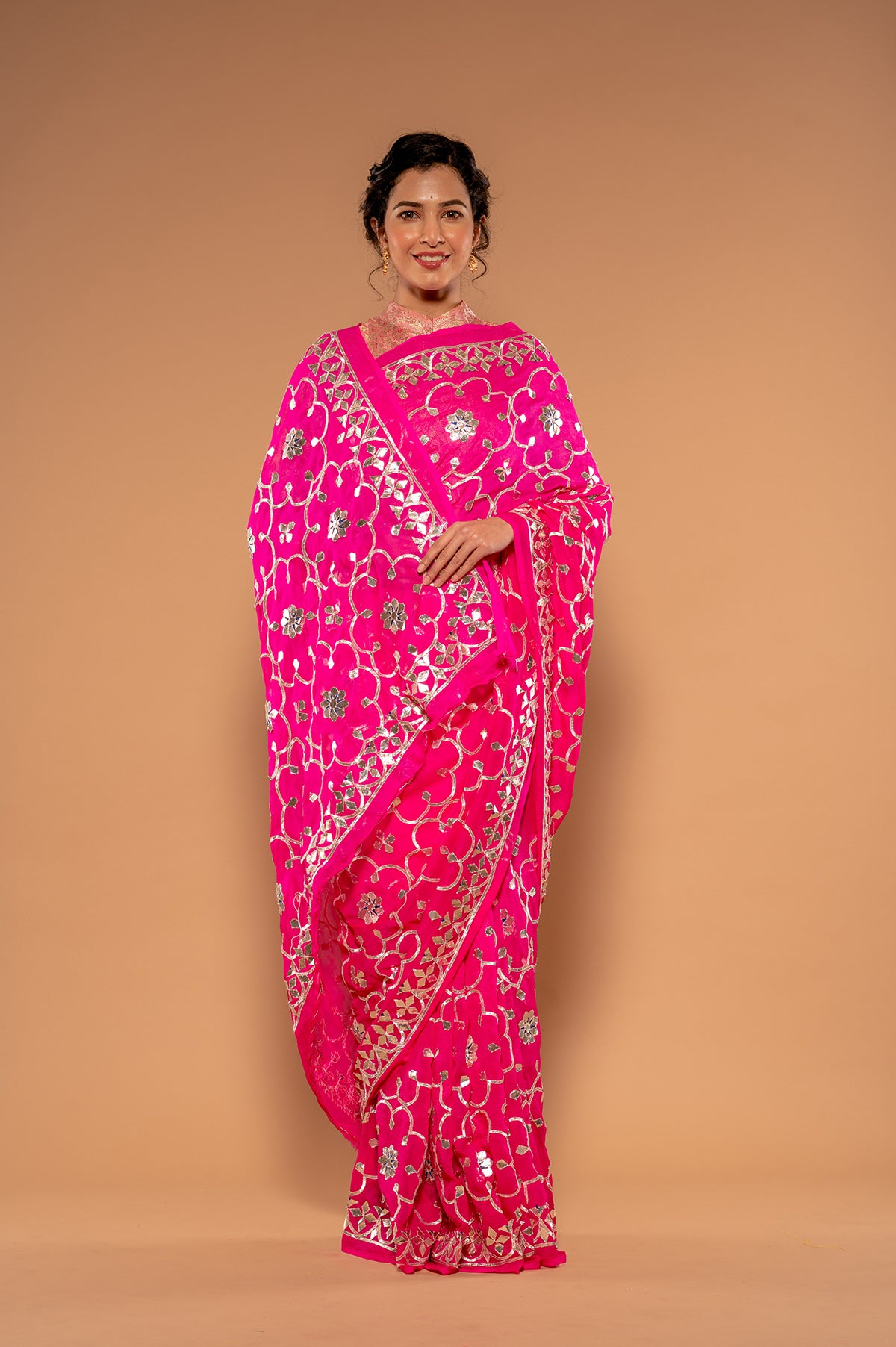 Neon Pink Pure Chiffon Gota patti work Handwork Saree