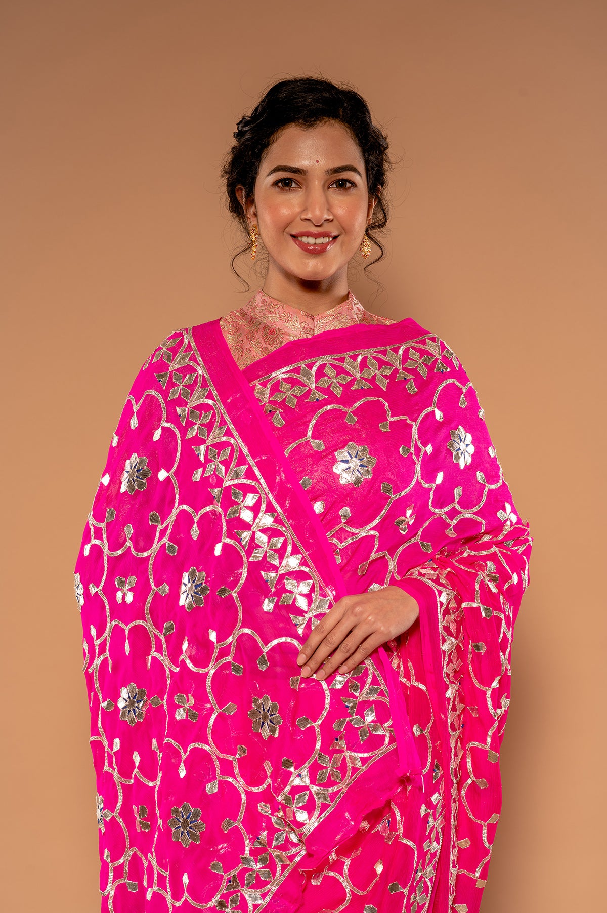 Neon Pink Pure Chiffon Gota patti work Handwork Saree