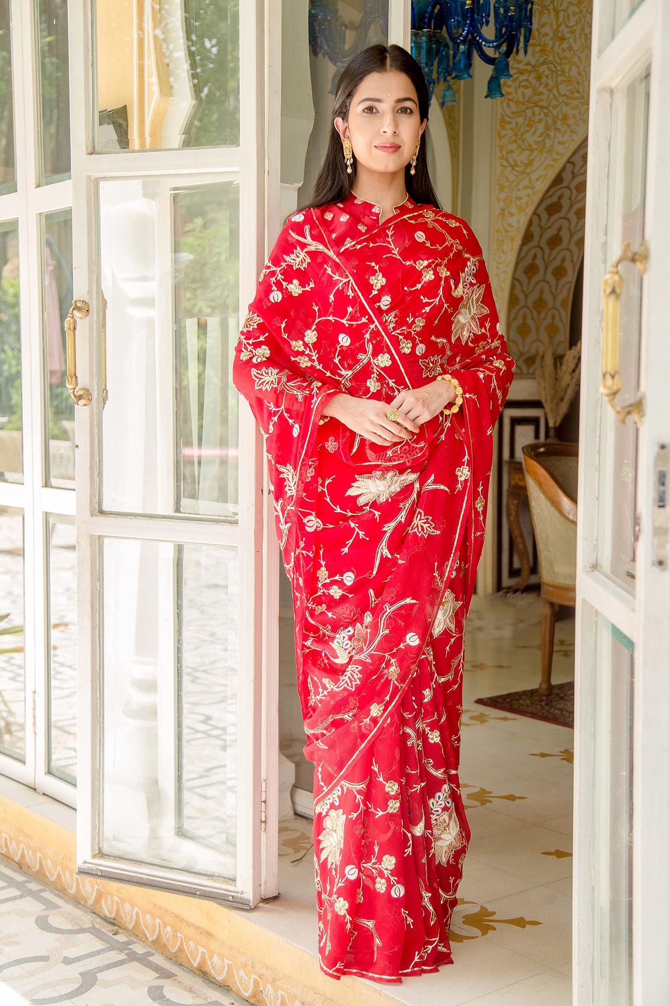 red pure platinum chiffon aari resham jaal handwork saree