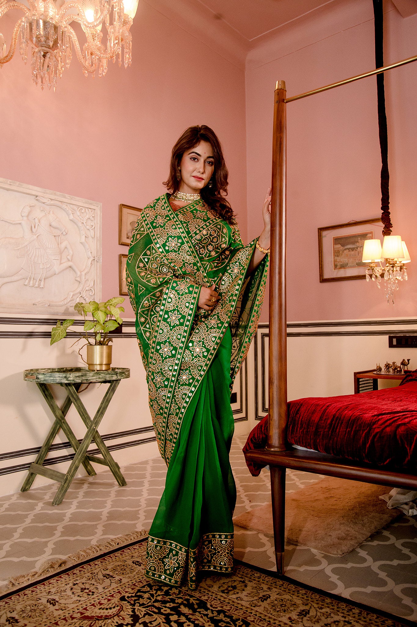 Green Pure Chiffon sikhiya gota border butti jaal handwork saree