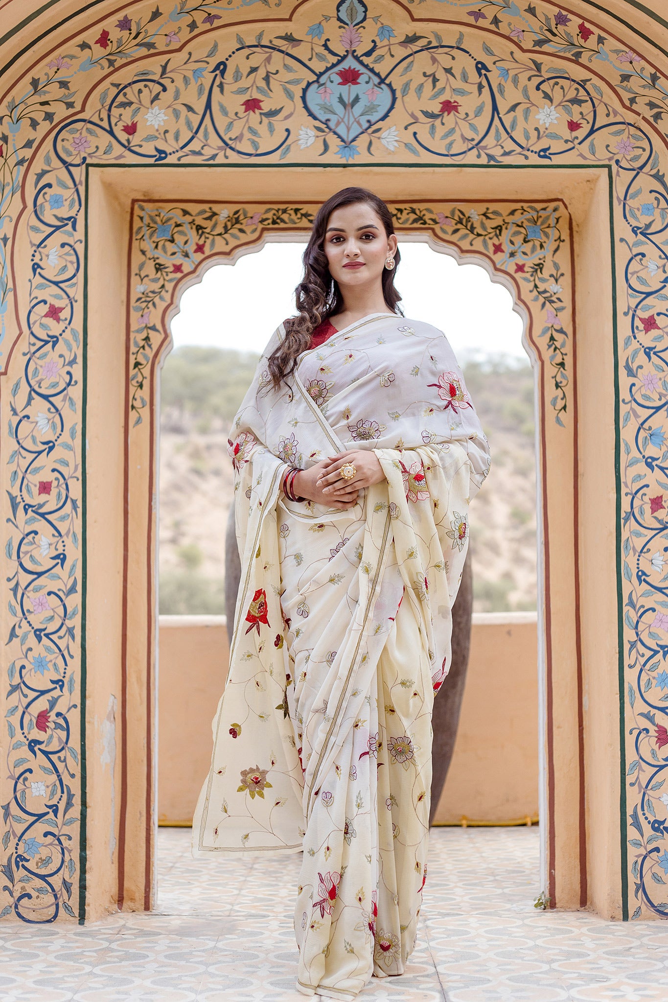 Creme Pure Chiffon resham shadow jaal handwork saree