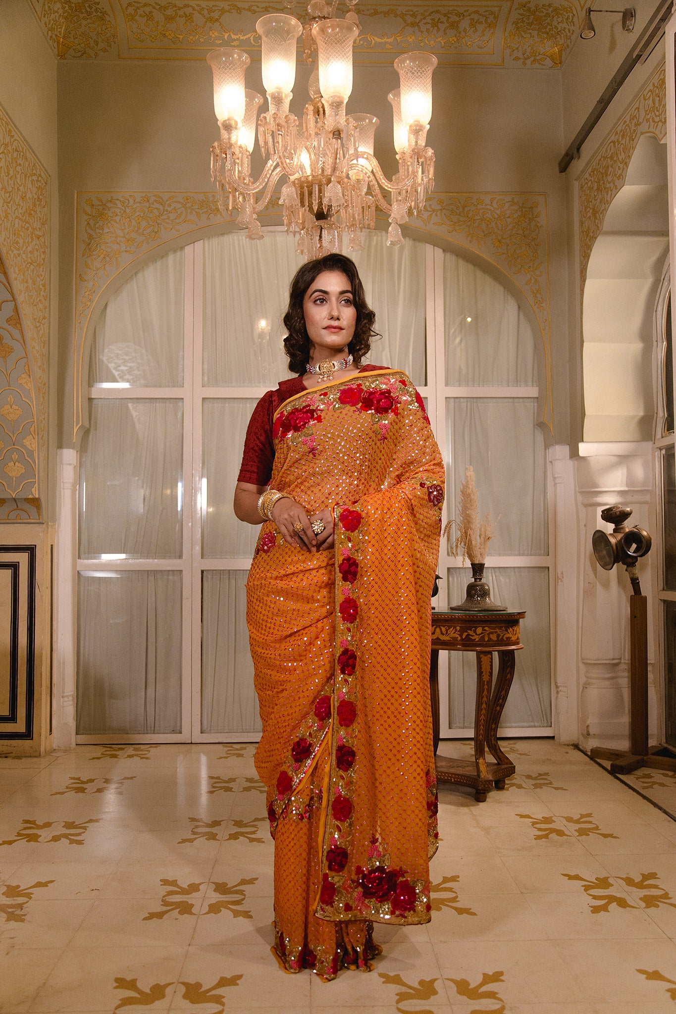 Kesariya yellow Pure Chiffon Resham sequins border butti handwork saree