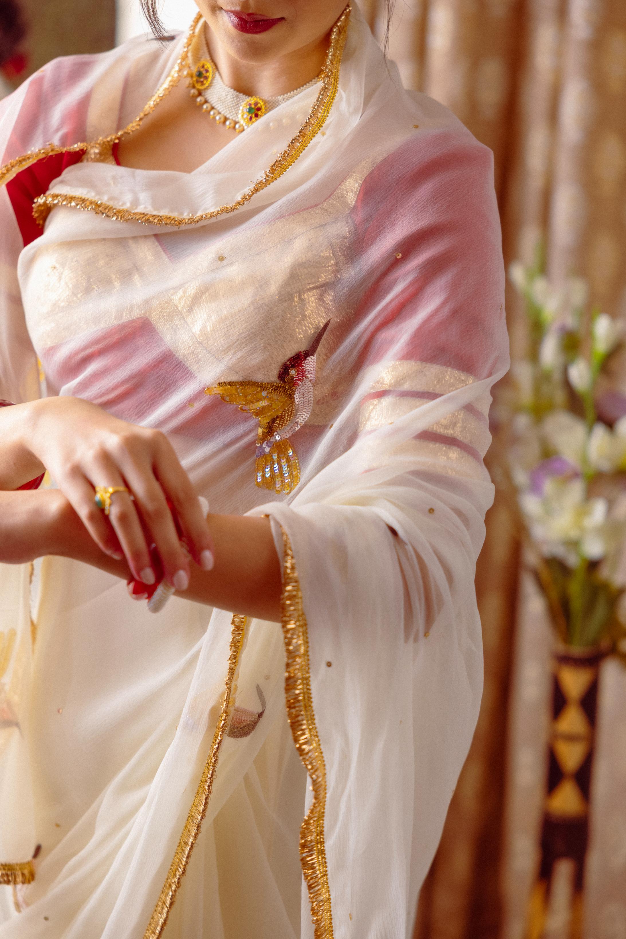 White Viscose Chiffon Aari Resham Sequins  Handwork    Saree